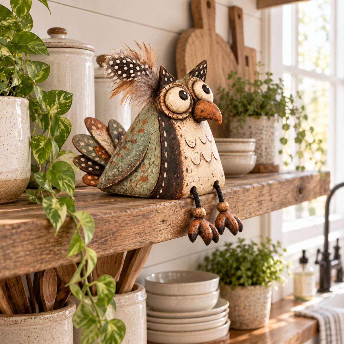 Rustic Owl Shelf Sitter Decor with Dangling Legs