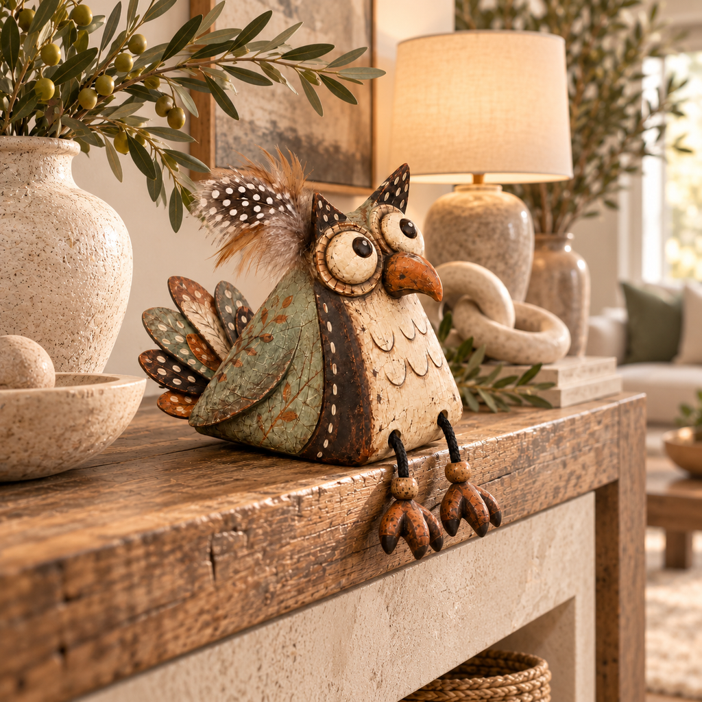 Rustic Owl Shelf Sitter Decor with Dangling Legs