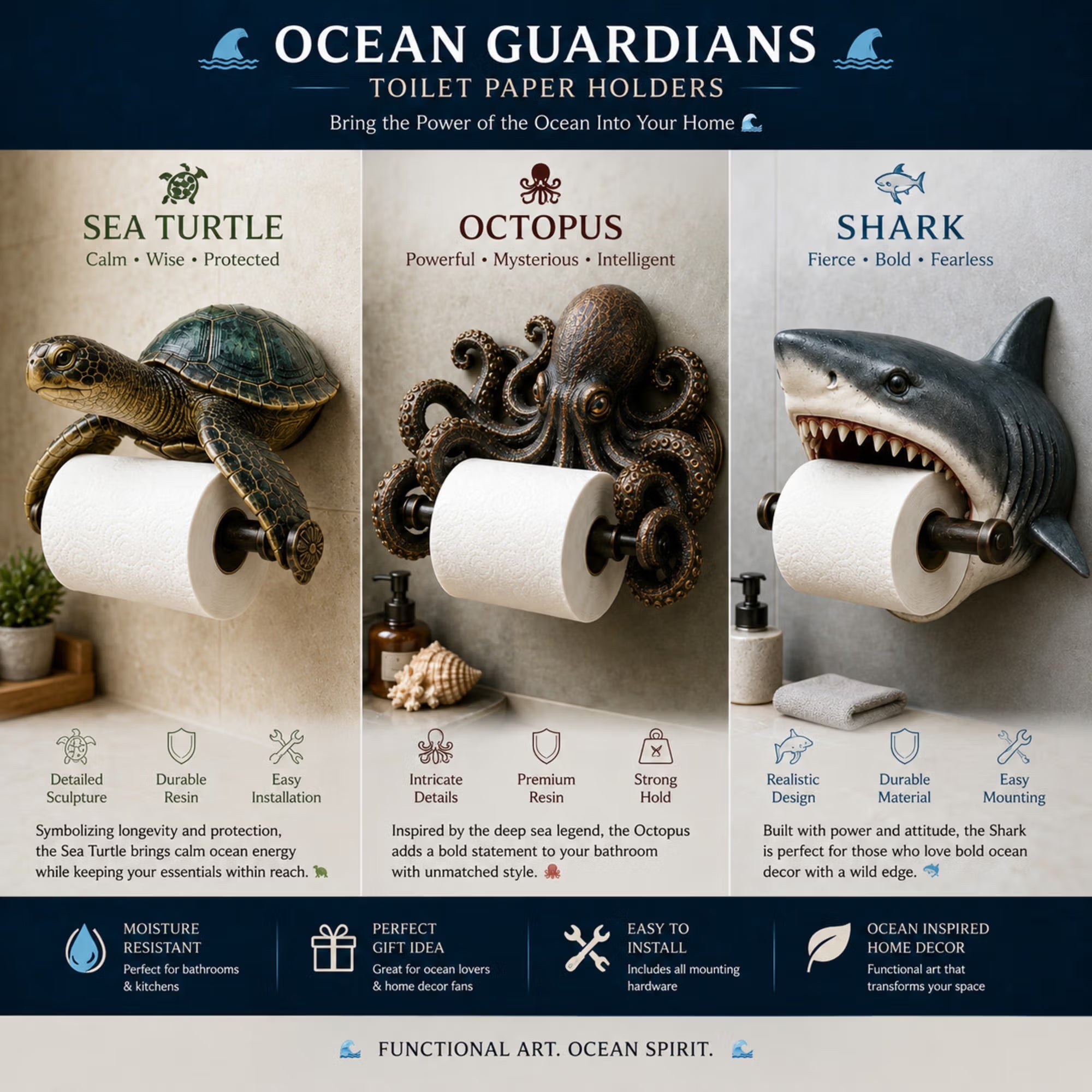 Ocean Guardian Toilet Paper Holder with Turtle/Shark/Octopus Design, Resin Wall Mount Bathroom Decor