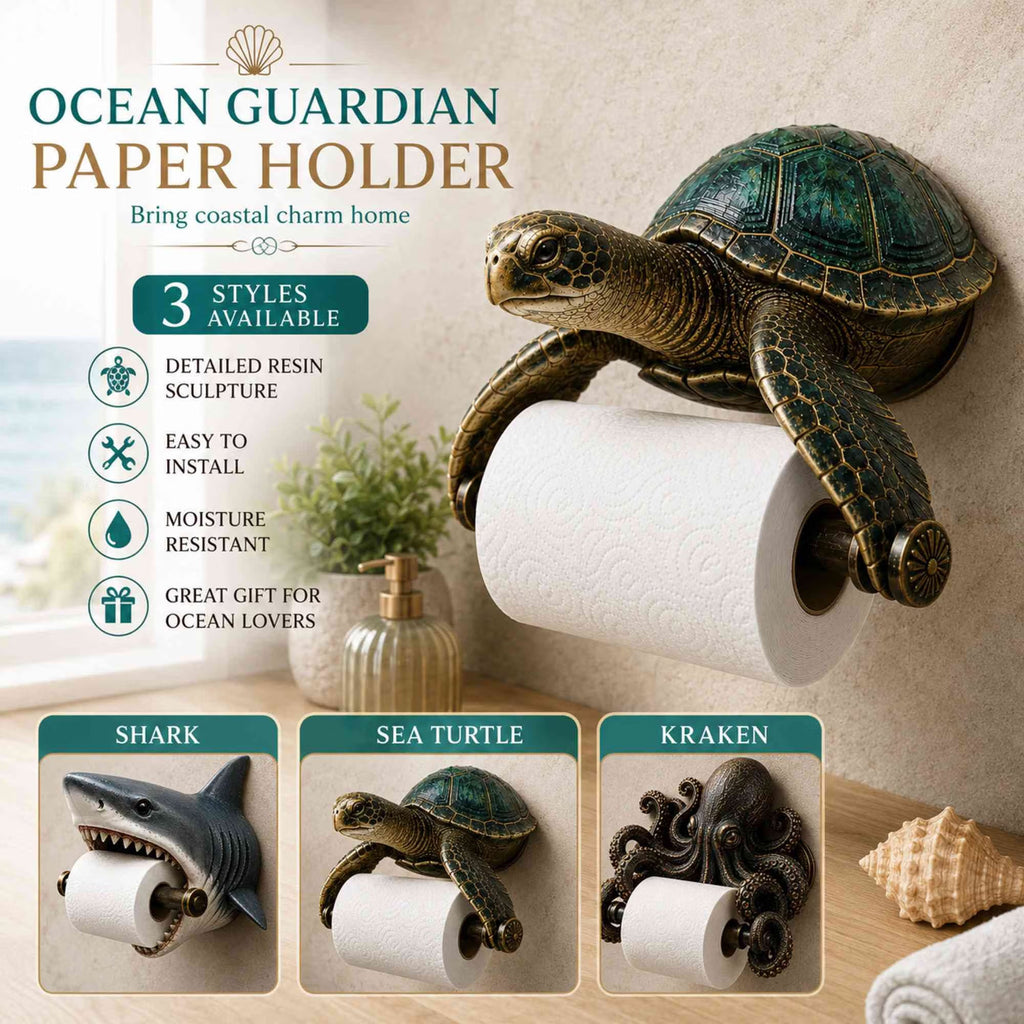Ocean Guardian Toilet Paper Holder with Turtle/Shark/Octopus Design, Resin Wall Mount Bathroom Decor
