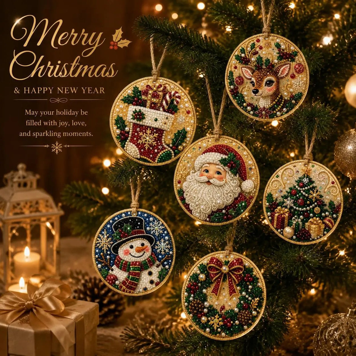 🎄💎DIY Christmas Diamond Painting Ornament Kit – Sparkly 5D Gem Tree Decor for Family Craft Night