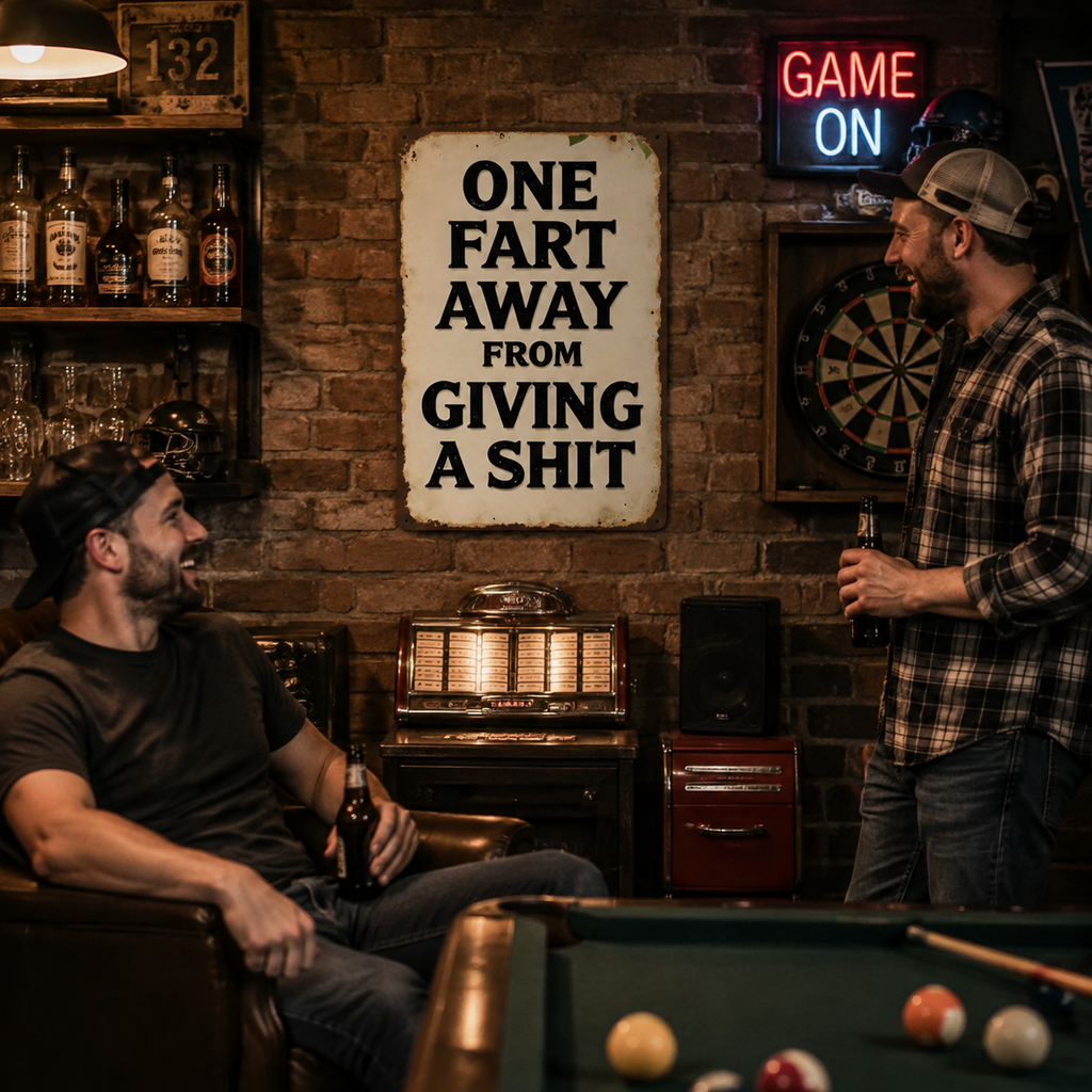 One Fart Away From Giving a Shit Metal Sign