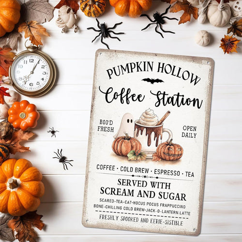 Halloween Pumpkin Coffee Station Vintage Decorative Sign