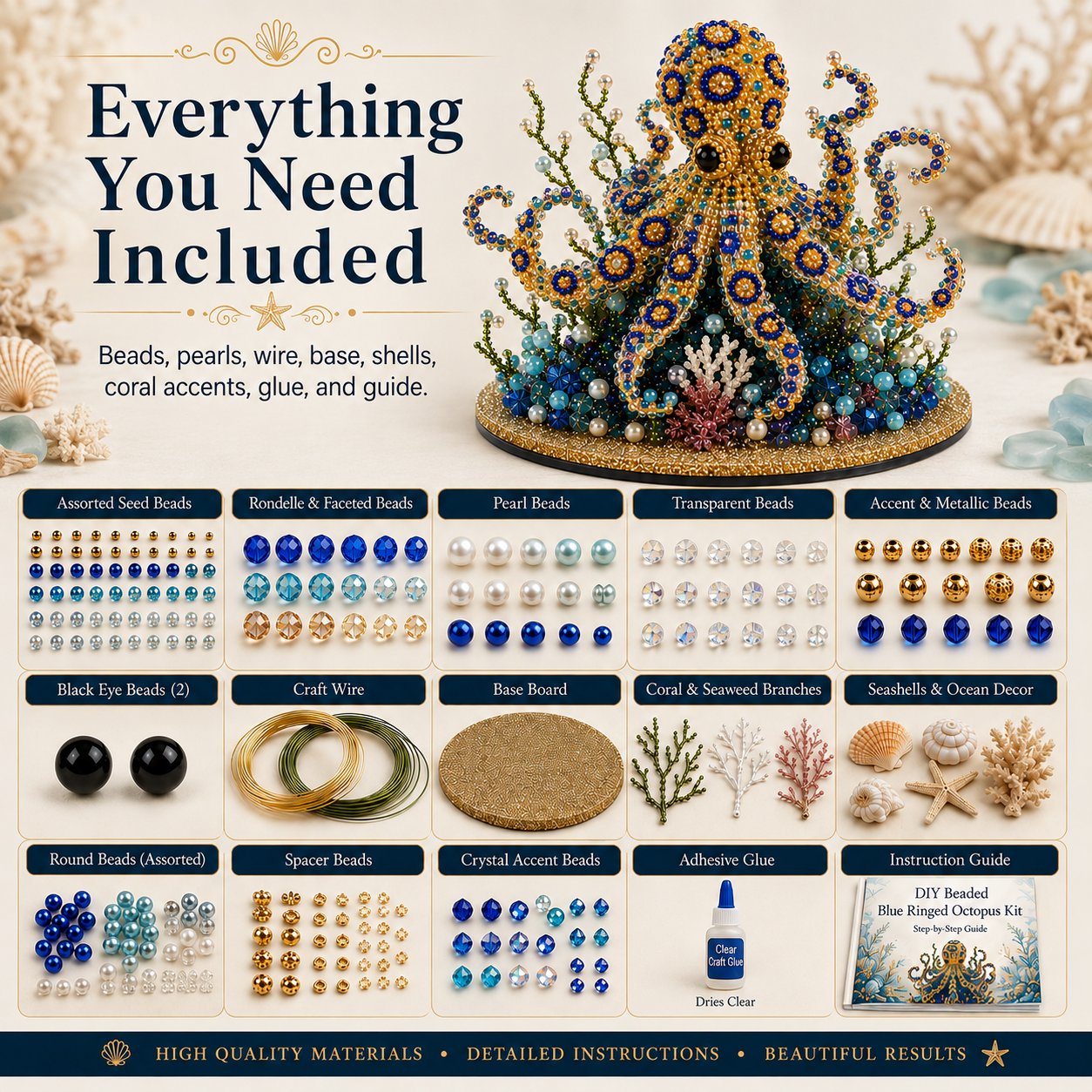 🌊 Ocean Sparkle Animal Craft Kit | Create a Dimensional Underwater Centerpiece with Colorful Beads, Pearls & Coastal Details 🐚✨