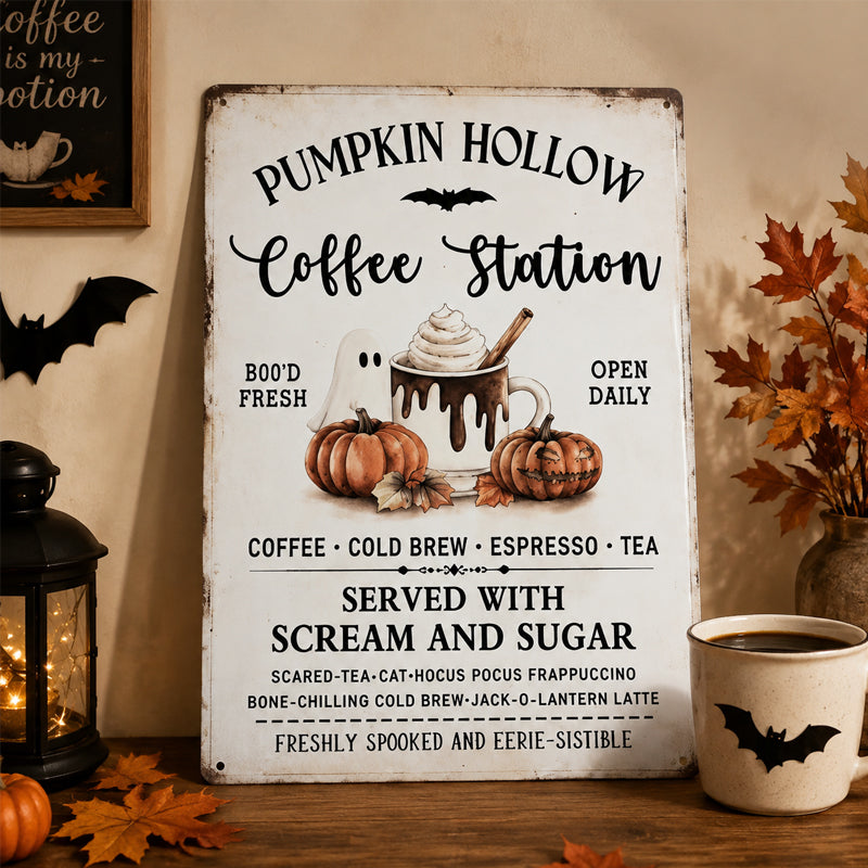 Pumpkin Hollow Coffee Station Vintage Metal Sign☕🎃