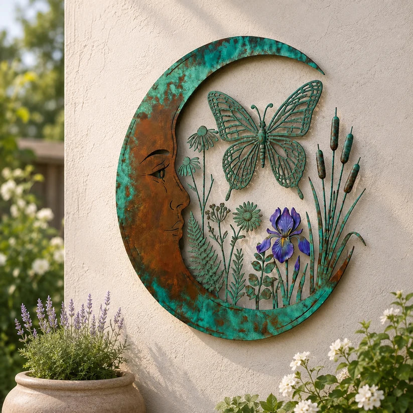 🌙 Enchanted Moon Garden Wall Art – Vintage Nature Inspired Metal Wall Decor
