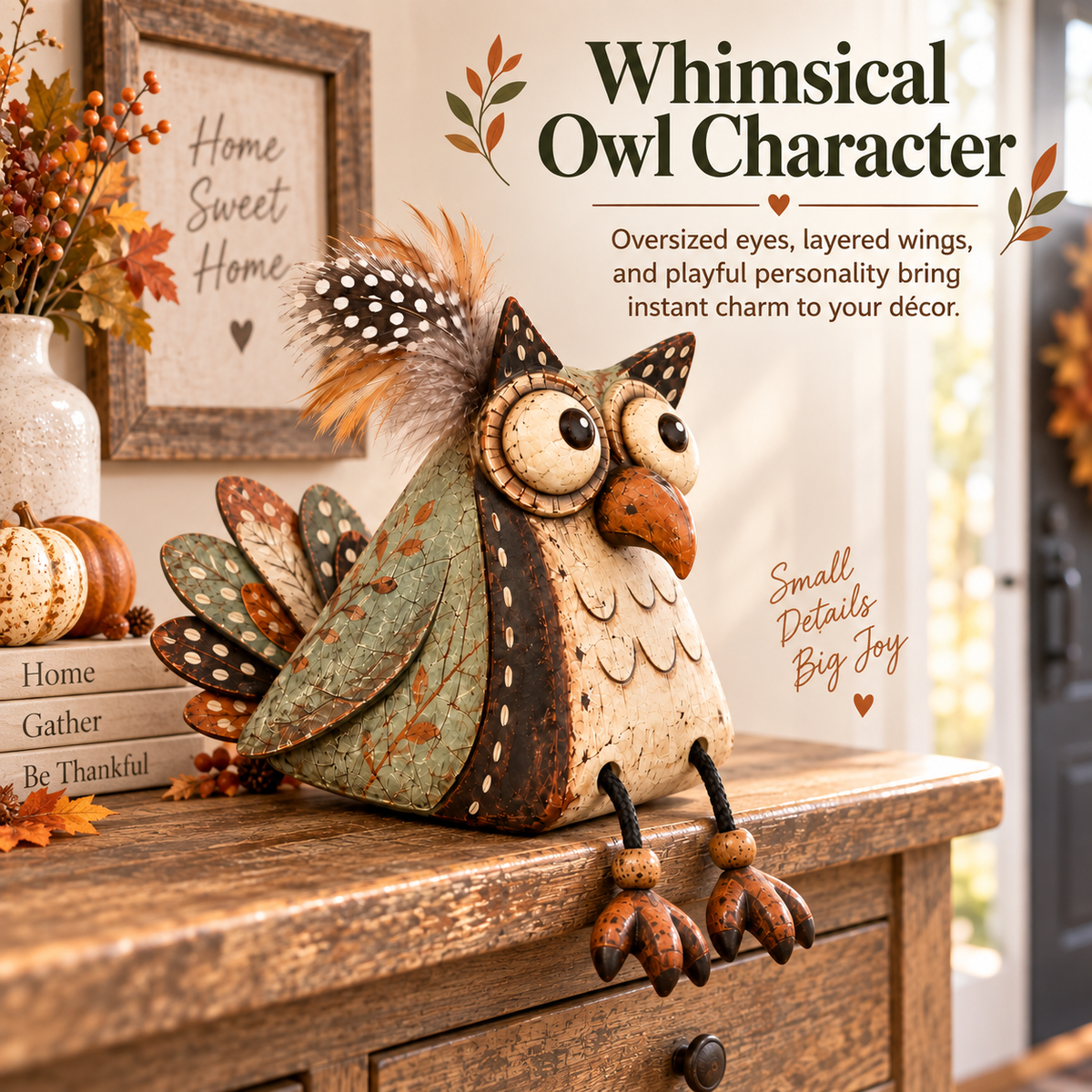 Rustic Owl Shelf Sitter Decor with Dangling Legs