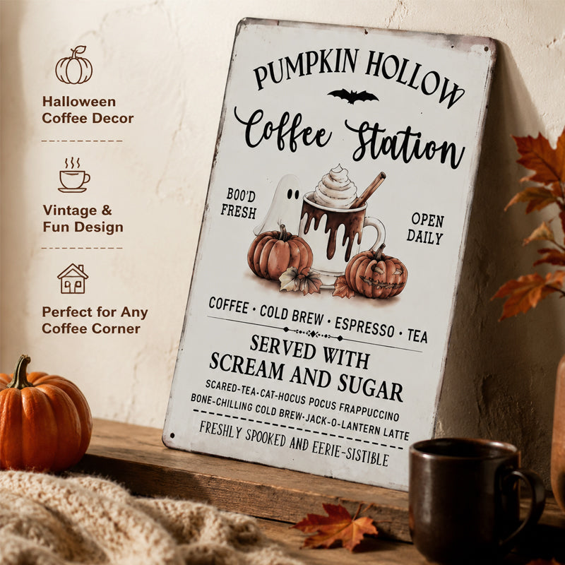 Pumpkin Hollow Coffee Station Vintage Metal Sign☕🎃