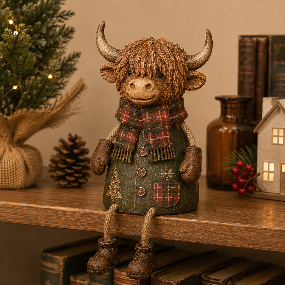 🐮Festive Highland Cow Shelf Sitter – Rustic Christmas Home Decor