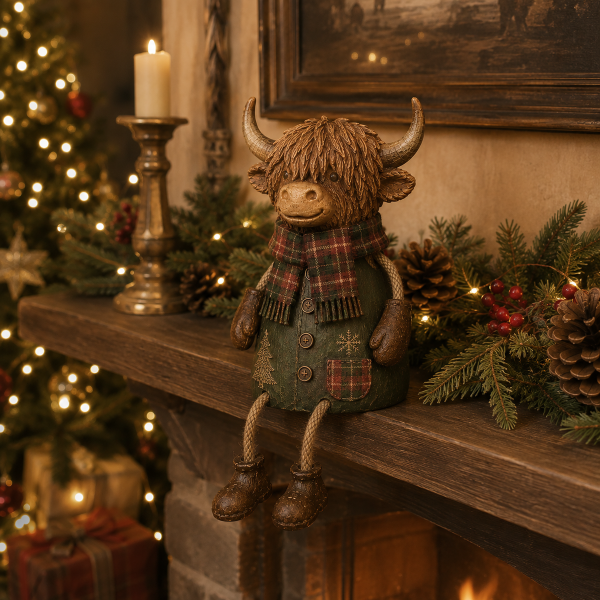 🐮Festive Highland Cow Shelf Sitter – Rustic Christmas Home Decor