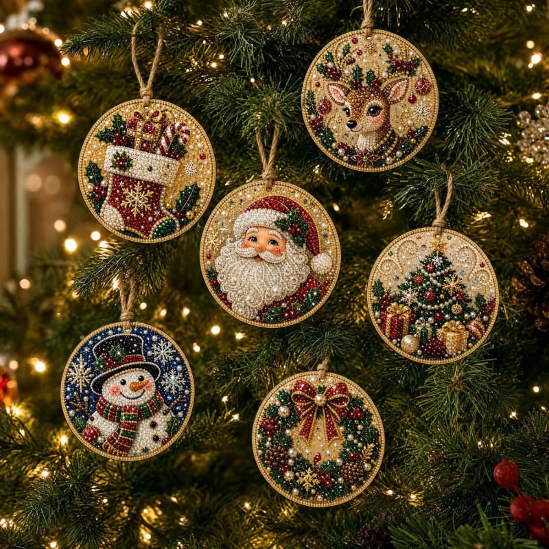 🎄💎DIY Christmas Diamond Painting Ornament Kit – Sparkly 5D Gem Tree Decor for Family Craft Night