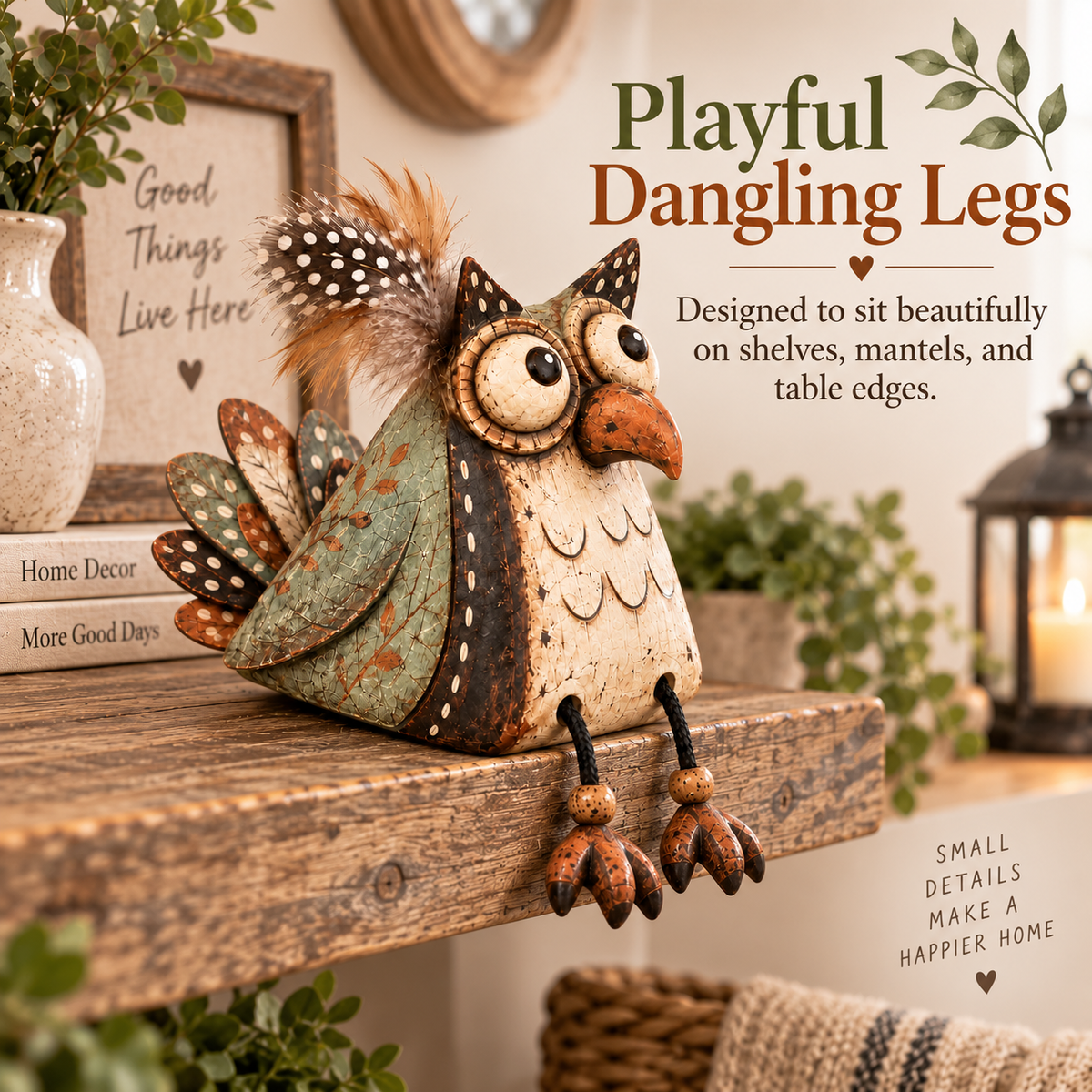 Rustic Owl Shelf Sitter Decor with Dangling Legs