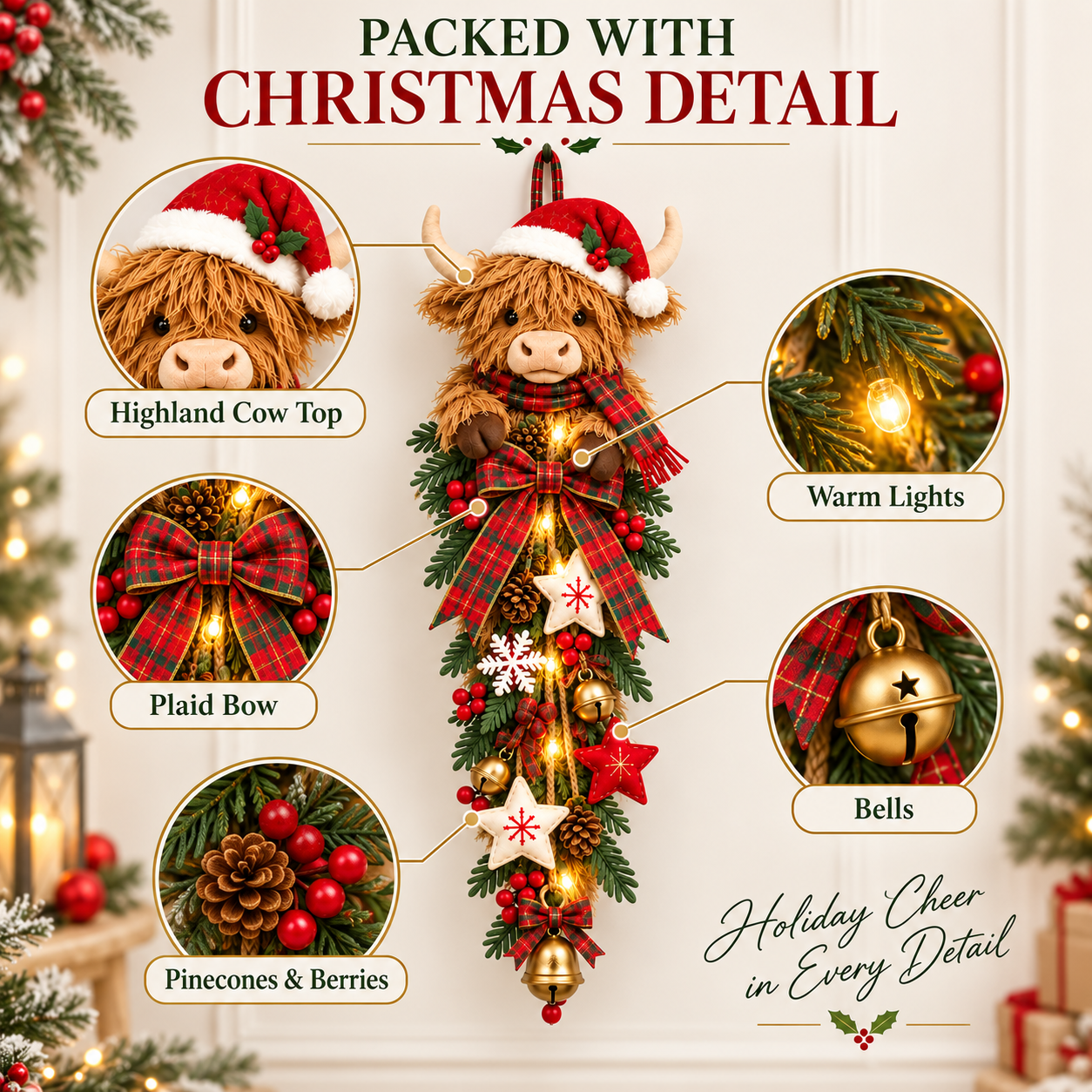 Lighted Highland Cow festive door decor