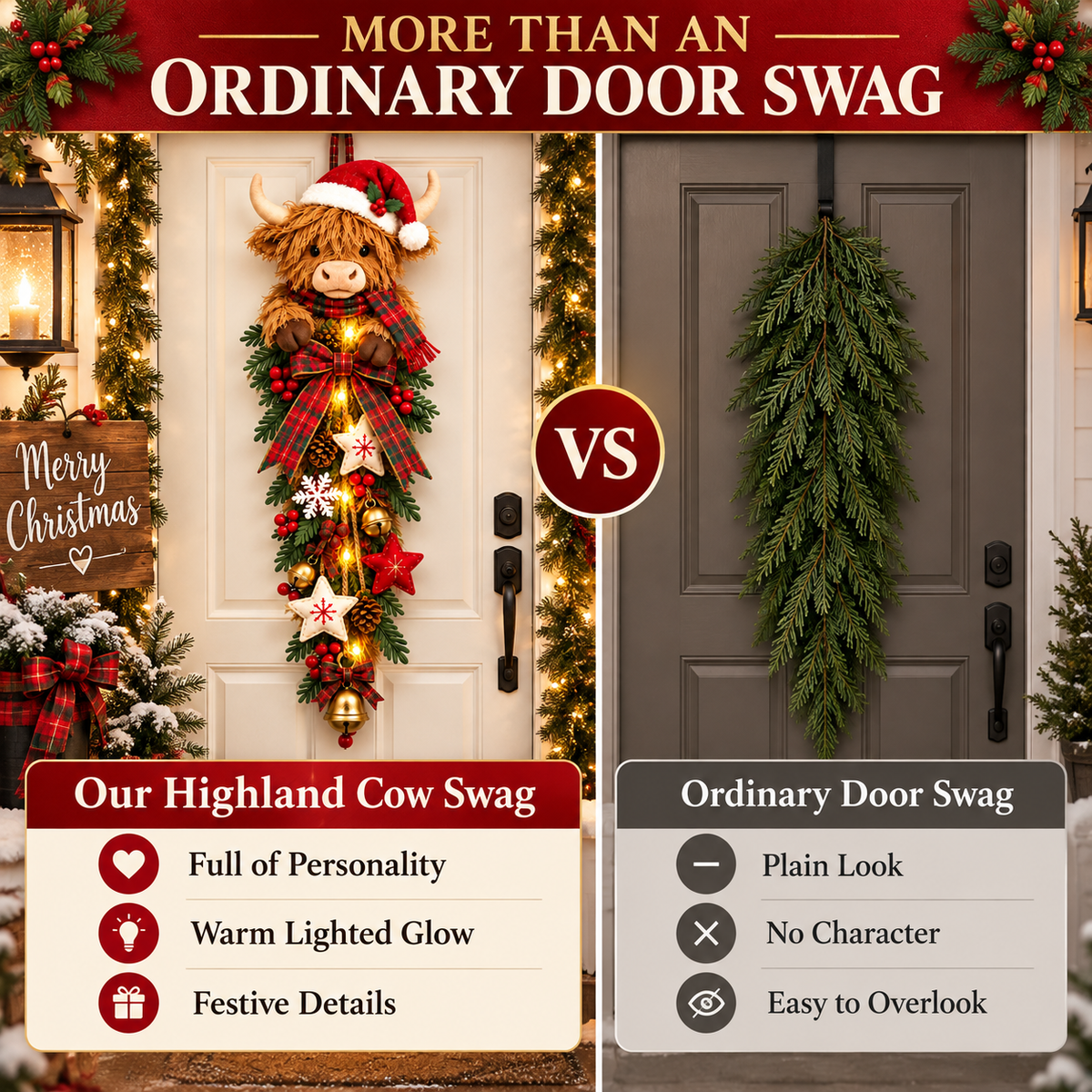 Highland Cow Christmas swag beside a doorway