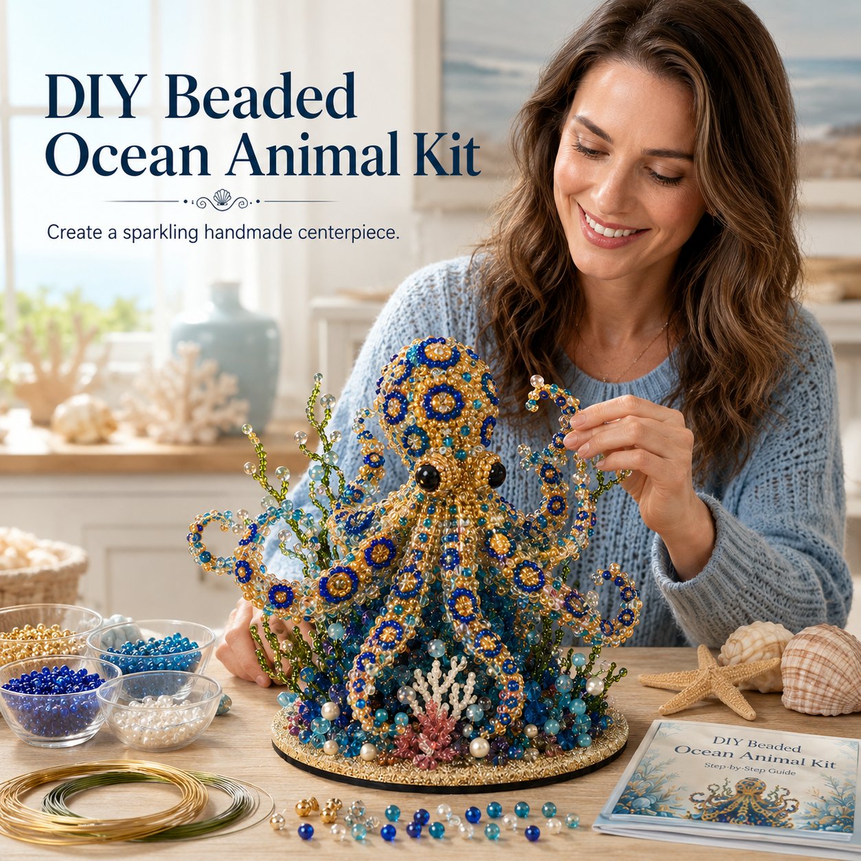 🌊 Ocean Sparkle Animal Craft Kit | Create a Dimensional Underwater Centerpiece with Colorful Beads, Pearls & Coastal Details 🐚✨