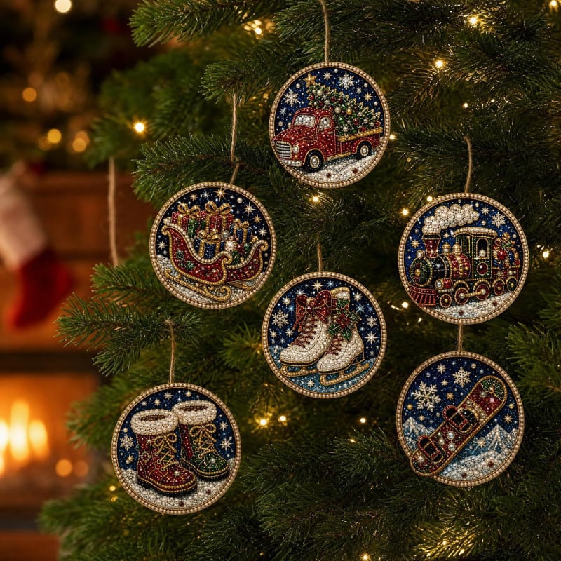 🎄💎DIY Christmas Diamond Painting Ornament Kit – Sparkly 5D Gem Tree Decor for Family Craft Night