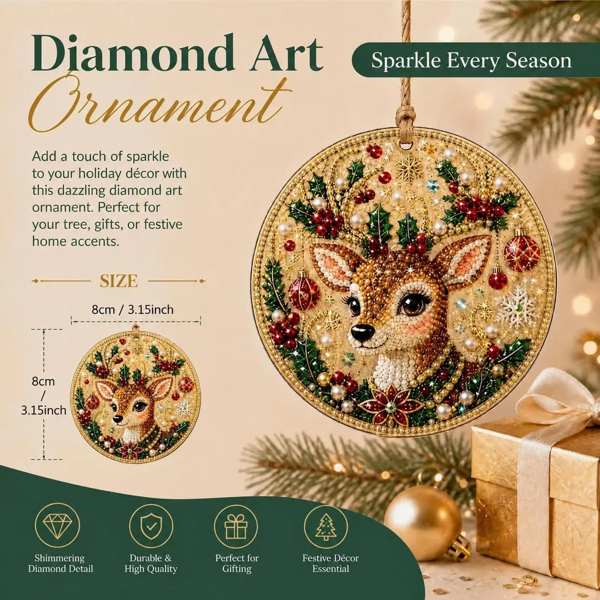 🎄💎DIY Christmas Diamond Painting Ornament Kit – Sparkly 5D Gem Tree Decor for Family Craft Night